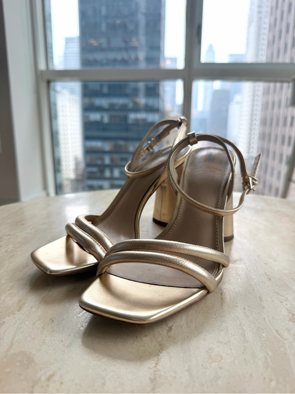 Gold Metallic Ankle Strap Block Heel Sandals